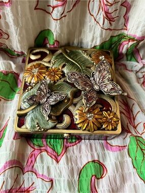 Enamel Embellished Butterfly Floral Metal Jewelry Box by Bombay 4”x2”